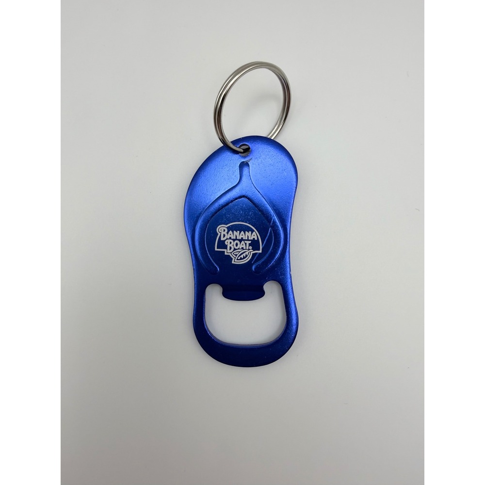 Banana Boat Flip Flop Bottle Opener Keychain Blue Metallic Aluminum‎ Sandal Logo